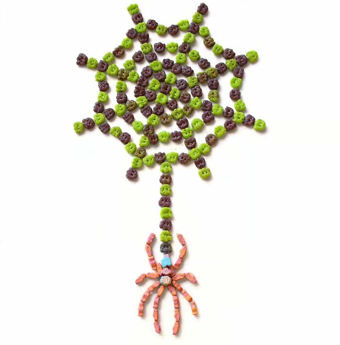 Sarah Rosado everyday food art of a spider and web made of cereal