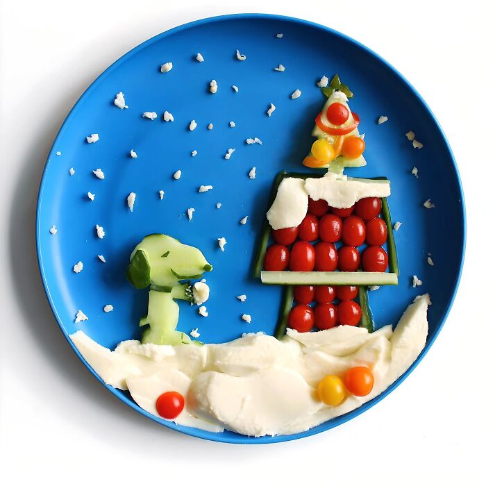Snoopy and a house made of cucumbers and tomatoes, portraying everyday food as playful works of art.