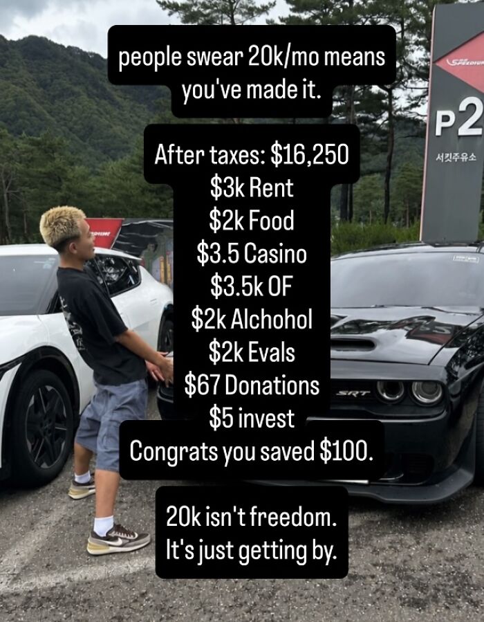 Financial dystopia text showing monthly expenses breakdown on 20k salary with little saving
