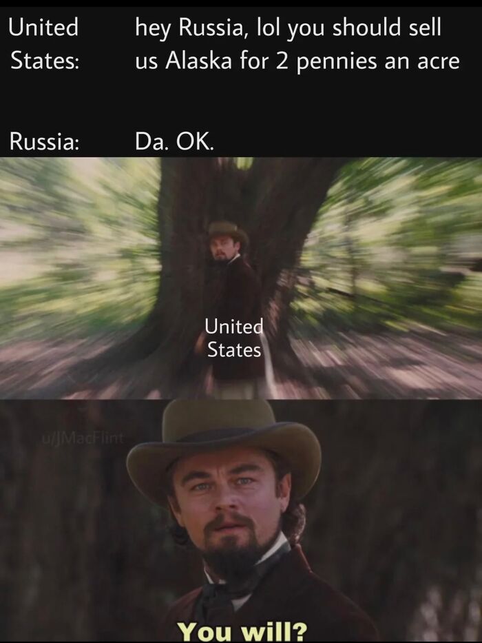 Humorous history meme about the US buying Alaska from Russia