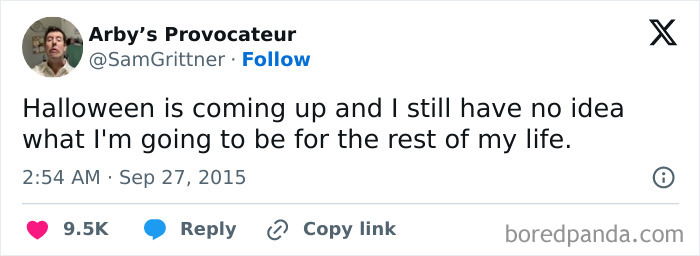 Funny social media post about existential uncertainty as Halloween approaches during spooky season.