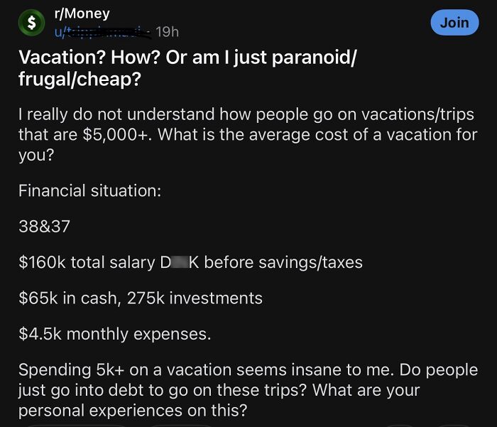 Money subreddit post about questioning the cost and affordability of vacations