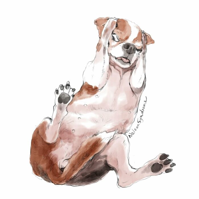 Whimsical watercolor illustration of a puppy holding its head from Nelson Syndrome animal-filled parodies.