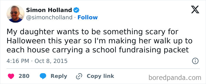 Hilarious social media posts about spooky season, joking about scary fundraising packets.