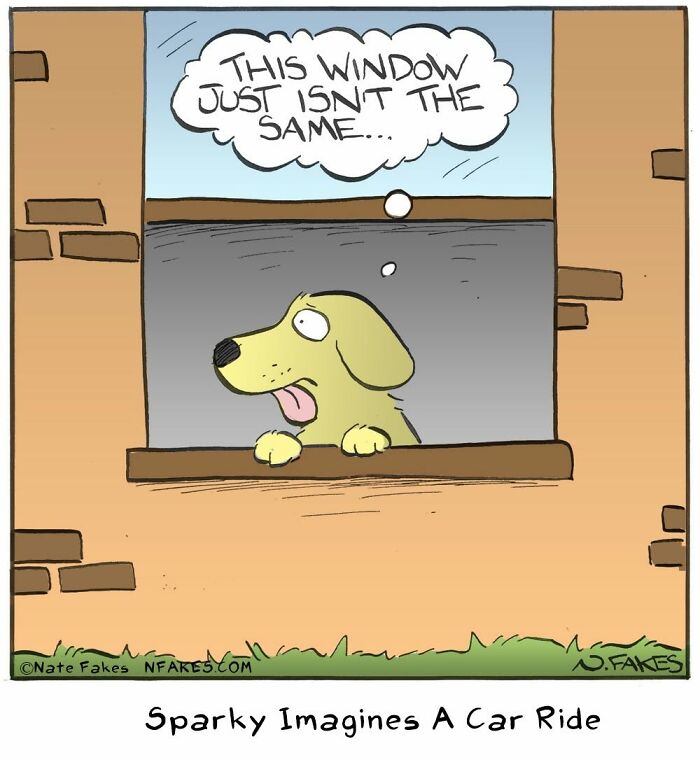 Dog at window imagining car ride in funny dog comics