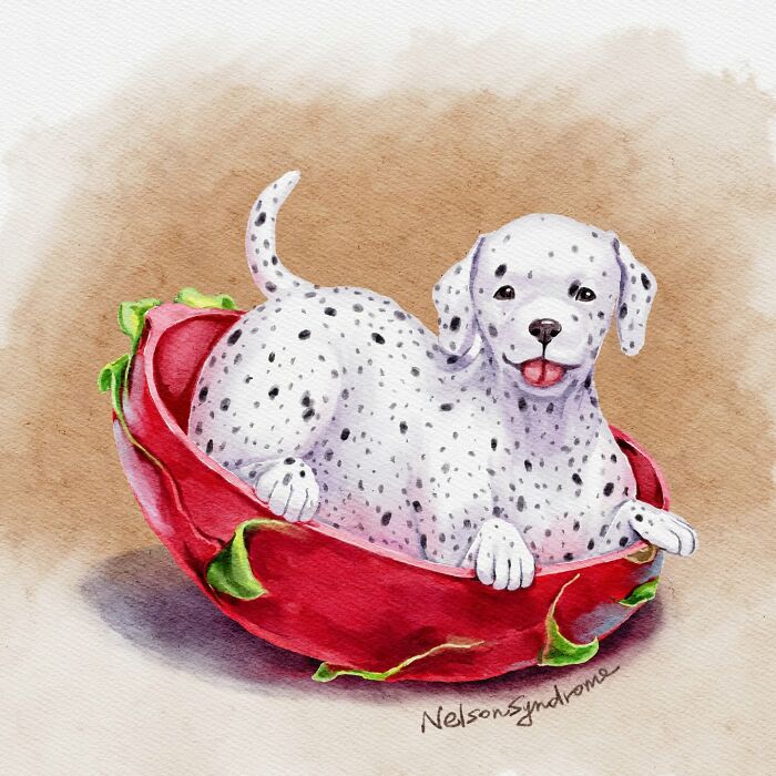 Nelson Syndrome animal-filled parodies art of a dalmatian puppy resting inside a dragon fruit shell.