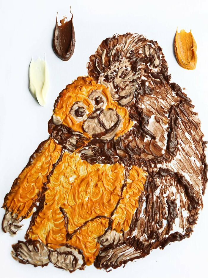 Sarah Rosado everyday food art of two monkeys made with peanut butter and chocolate spread.