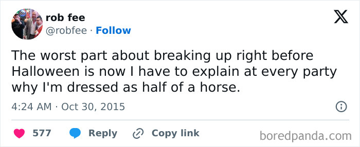 Relatable post about breaking up before Halloween and costume struggles, from a collection of Halloween Tweets.