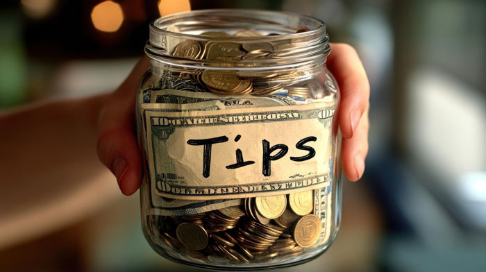 A glass jar filled with coins and cash labeled Tips, representing a bossy coworker's theft. A glass jar filled with coins and cash labeled Tips, representing a bossy coworker's theft.