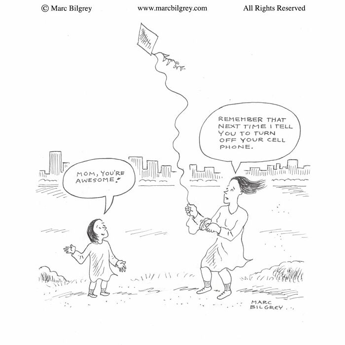 A Marc Bilgrey cartoon of a mother flying a kite, talking to her child about turning off cell phones.