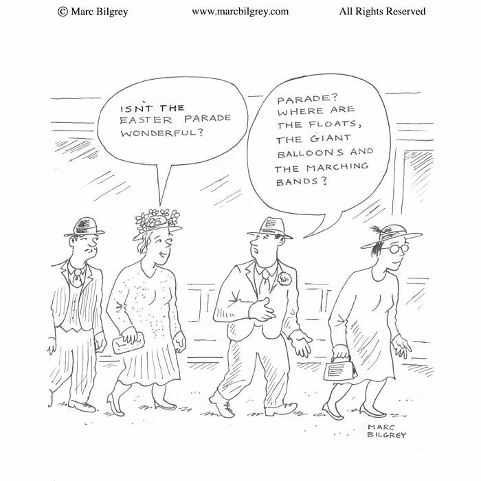 Marc Bilgrey cartoon of people discussing the Easter parade on a city street