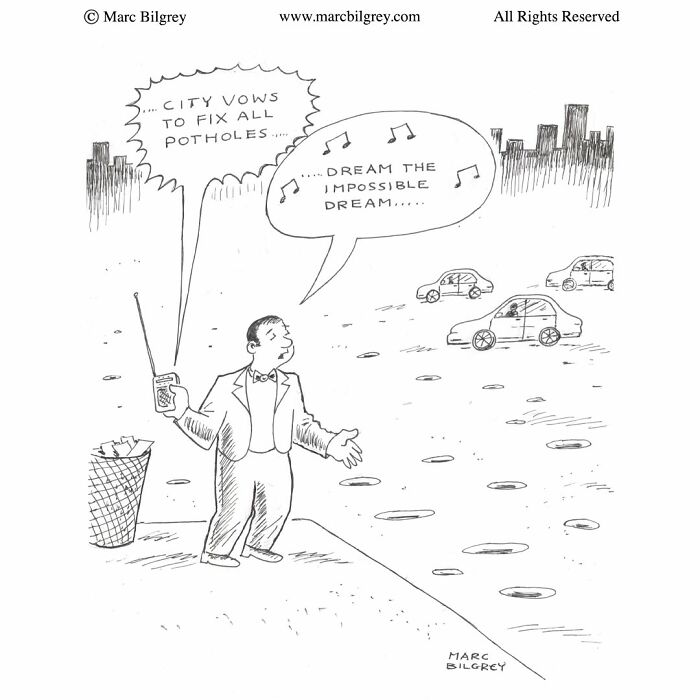 Marc Bilgrey cartoon of a man standing near many potholes on a city street