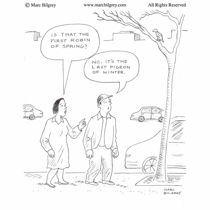 Marc Bilgrey cartoon of a couple looking at a bird on a bare tree branch