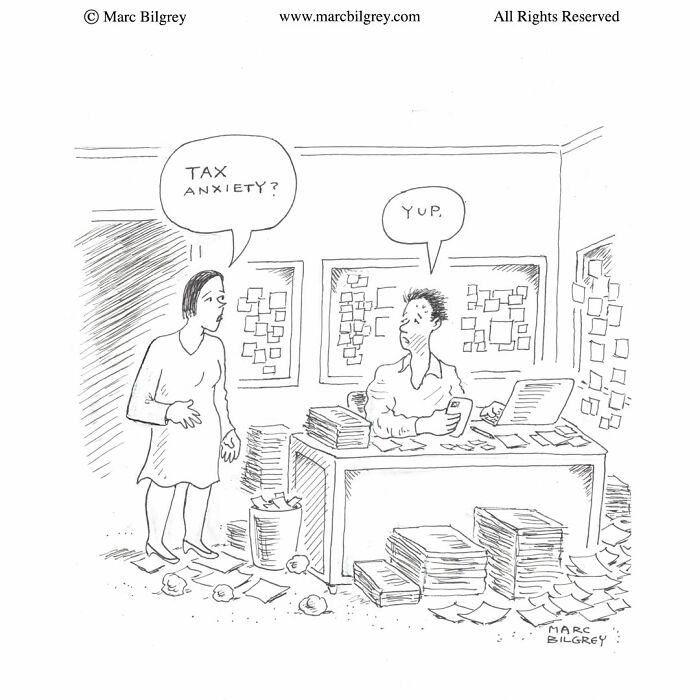 Marc Bilgrey cartoon of a stressed man surrounded by papers and files at his desk