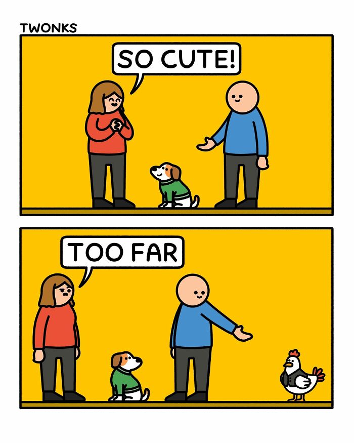 Funny comics showing a dog in a green sweater and a chicken wearing clothes.