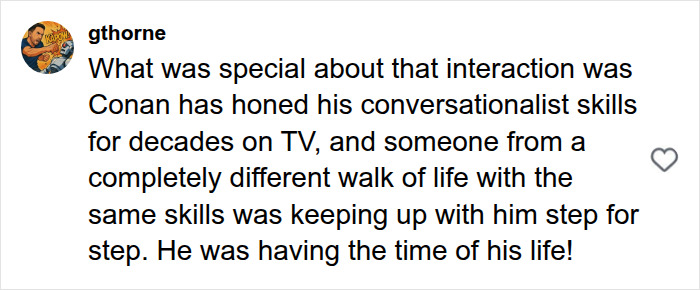 User comment analyzing the witty exchange between Conan O'Brien and the viral bar owner during the subway interview. User comment analyzing the witty exchange between Conan O'Brien and the viral bar owner during the subway interview.