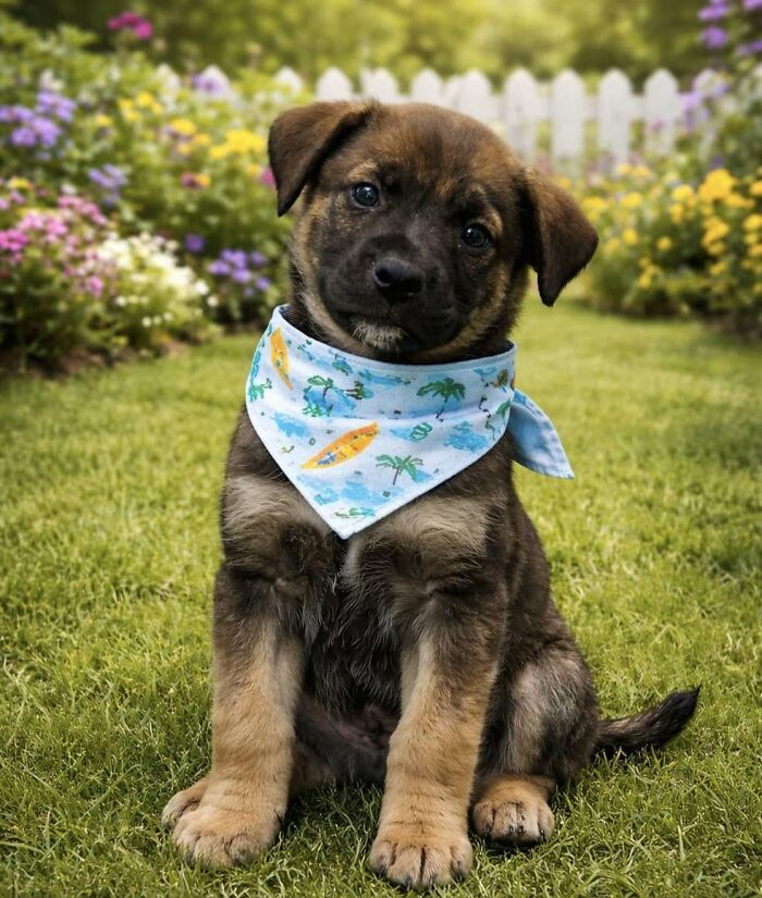 A sweet abandoned puppy wearing a blue surf-themed bandana