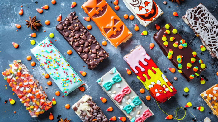 A colorful array of decorated Halloween candy bars laid out on a dark slate background. A colorful array of decorated Halloween candy bars laid out on a dark slate background.