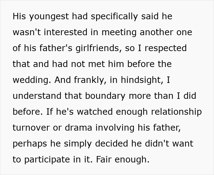 Text explaining a son's decision not to meet his father's girlfriend before the wedding due to family drama. Text explaining a son's decision not to meet his father's girlfriend before the wedding due to family drama.