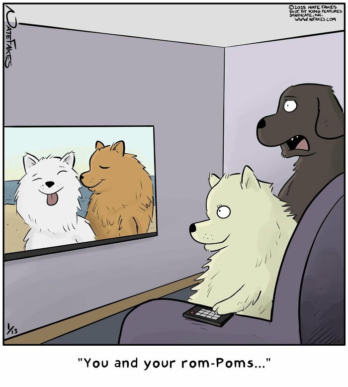 Two dogs watching TV showing other dogs called rom-poms in humorous comic