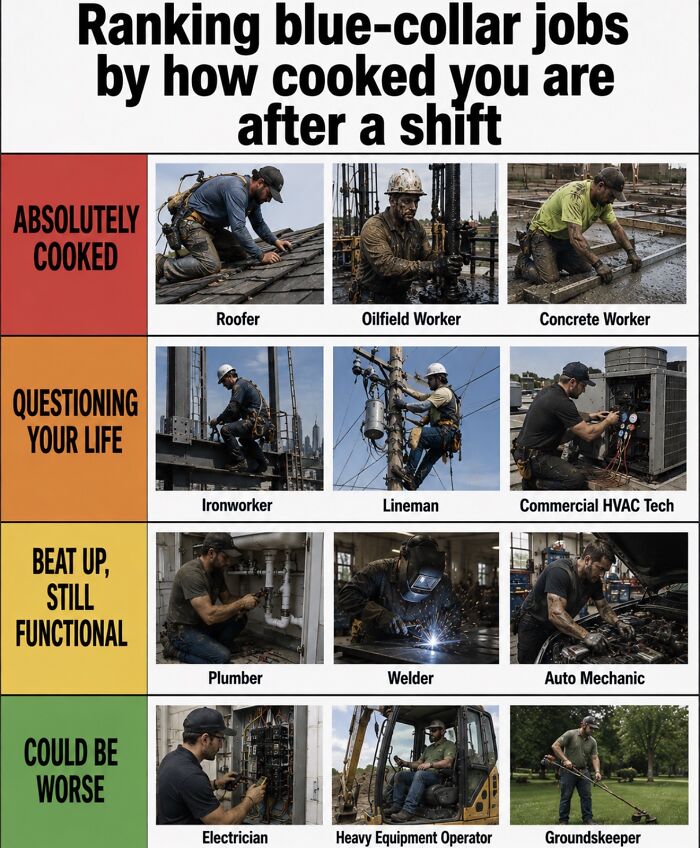 Ranking of blue collar jobs by exhaustion level after a shift