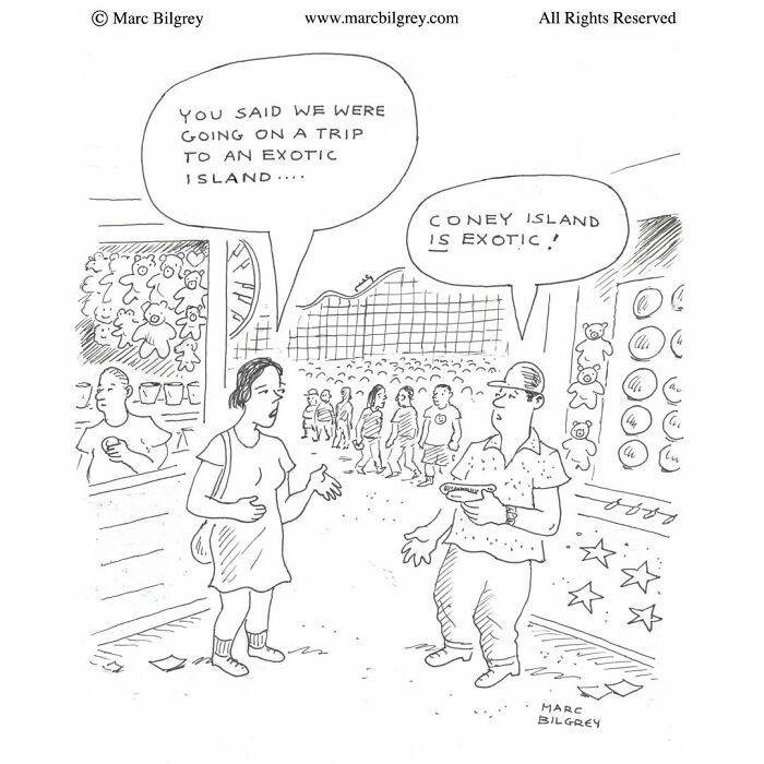 A Marc Bilgrey cartoon featuring a couple at Coney Island discussing exotic destinations in a humorous exchange.