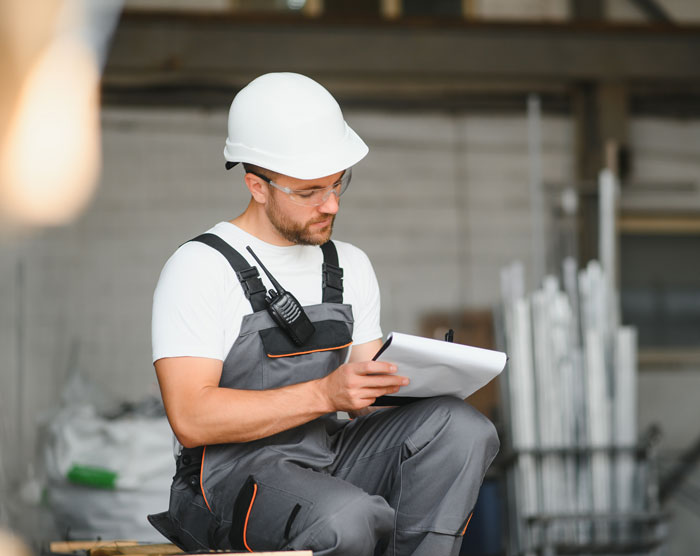 Male safety officer in a hard hat and vest checking reports, representing a wronged employee