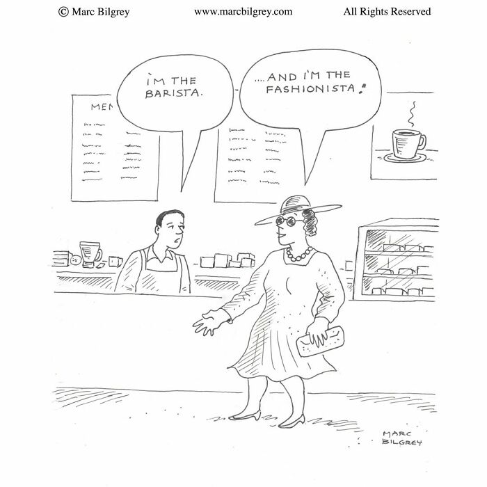 Marc Bilgrey cartoon of a barista and a fashionista talking at a coffee shop counter