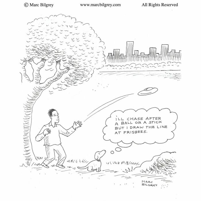 A Marc Bilgrey cartoon showing a man throwing a frisbee for a dog who refuses to chase it in the park.