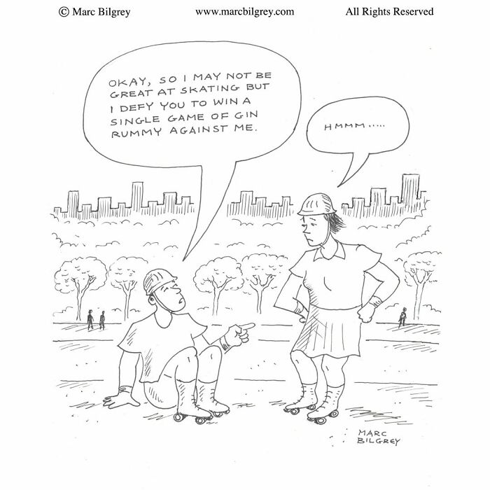 A Marc Bilgrey cartoon featuring two roller skaters chatting outdoors in a park.