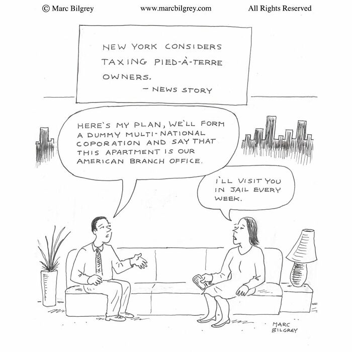 Marc Bilgrey cartoon showing a couple on a couch discussing a tax loophole strategy.