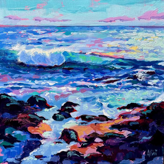 Alai Paintings inspired colorful seascape artwork of rolling ocean waves and rocky shore