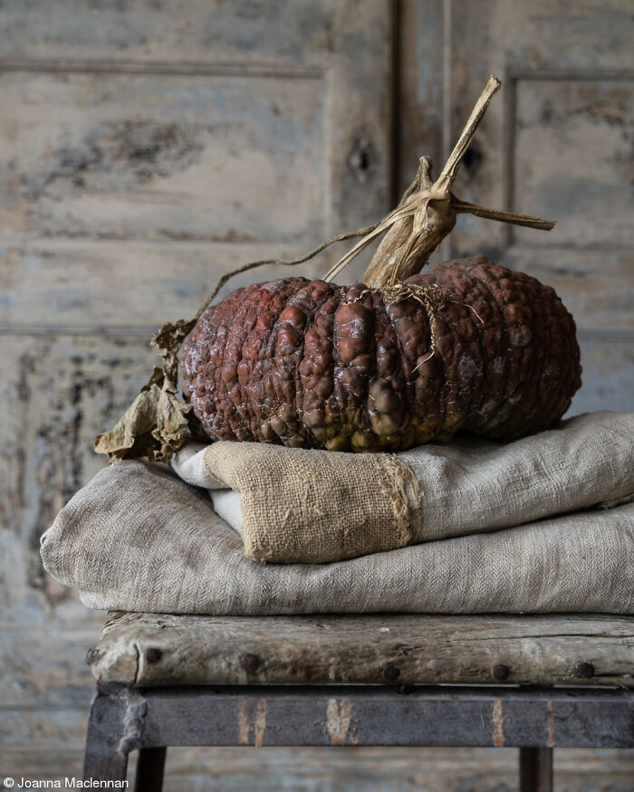 A textured brown pumpkin sitting on folded linen fabrics