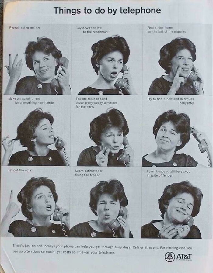 A black and white retro AT&T advertisement showing nine expressions of a woman using a vintage product.