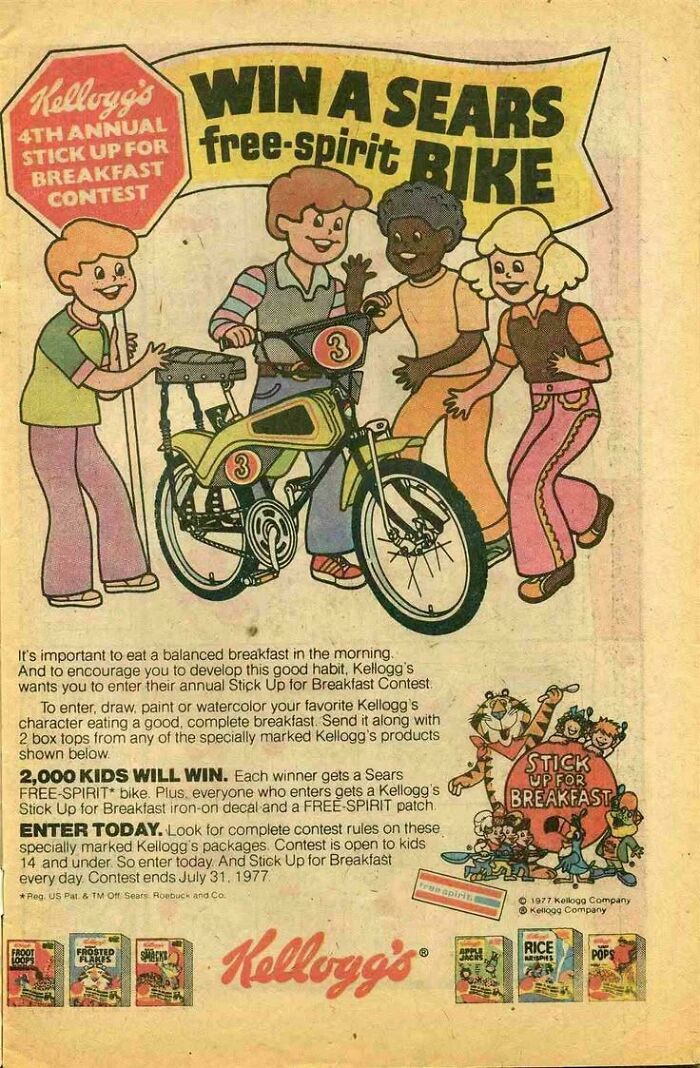 A colorful 1977 print advertisement by Kellogg's featuring four children and a vintage product bicycle.