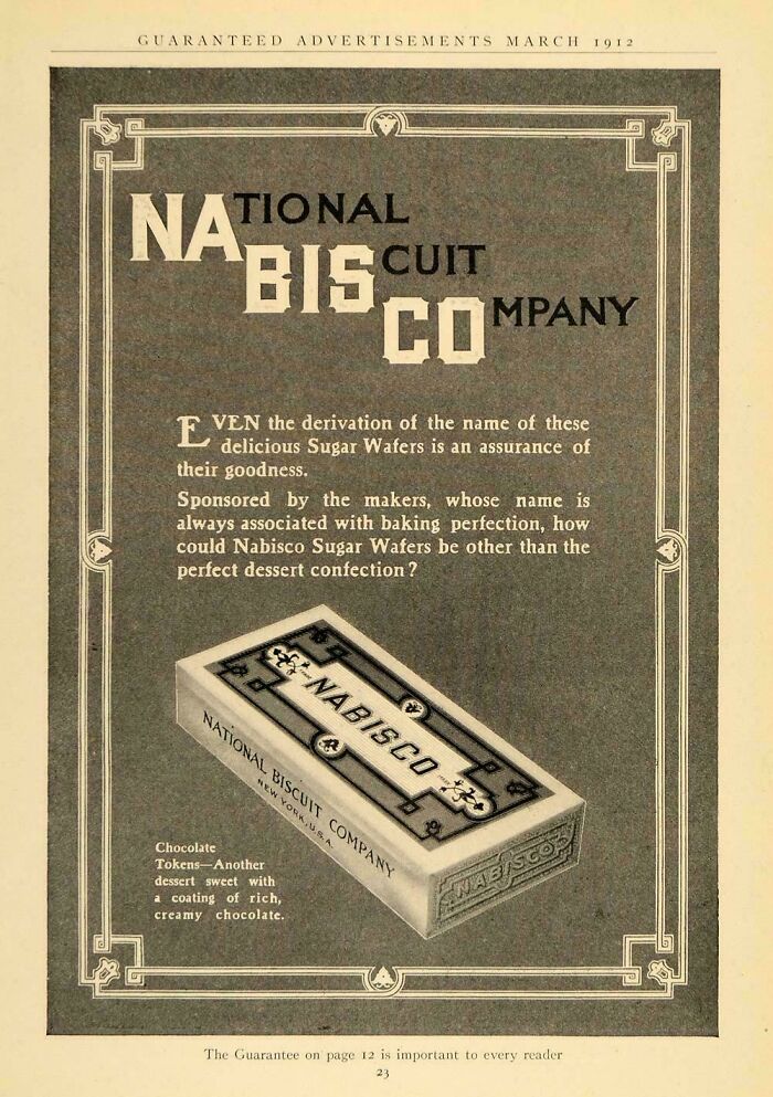 A retro print advertisement from 1912 for Nabisco sugar wafers, a vintage product.