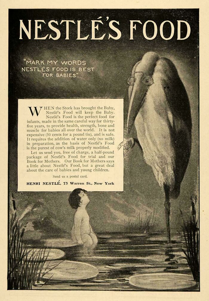 A vintage print ad for Nestles Food featuring a baby sitting near a large stork bird