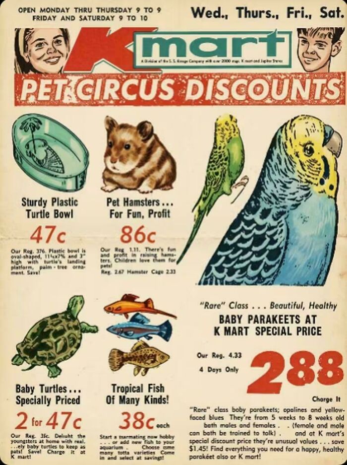 An old-fashioned K-Mart ad offering pet discounts on hamsters, parakeets, and turtles