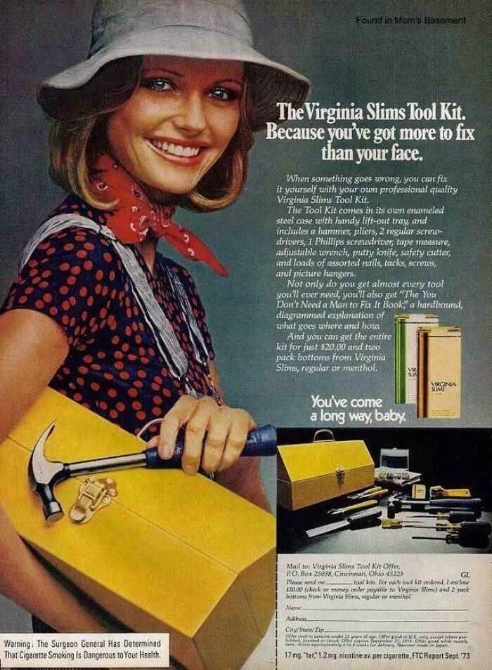 Vintage products advertisement for a Virginia Slims Tool Kit featuring a woman holding a hammer