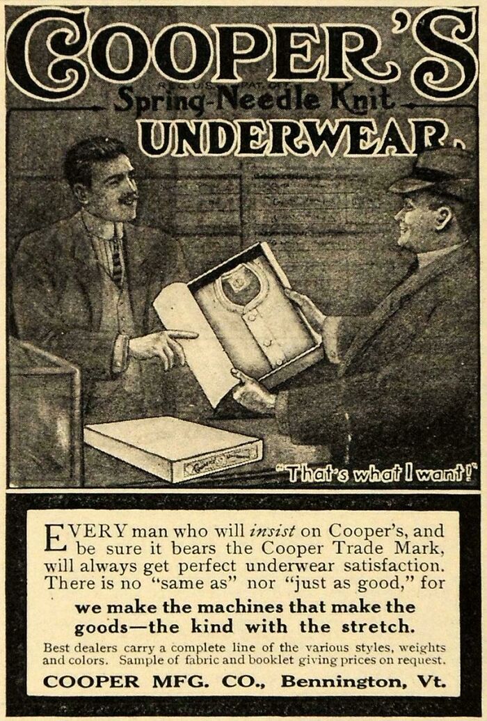 An old newspaper advertisement for Cooper's Underwear showing two men holding vintage products