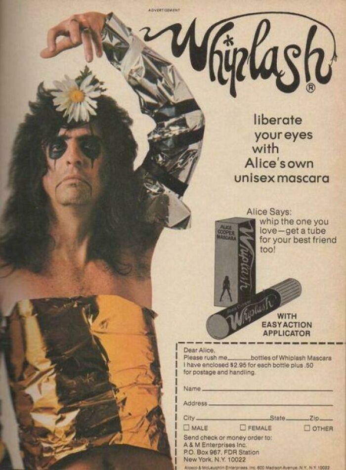 A vintage advertisement for Alice Cooper unisex mascara, featuring his portrait and the product tube