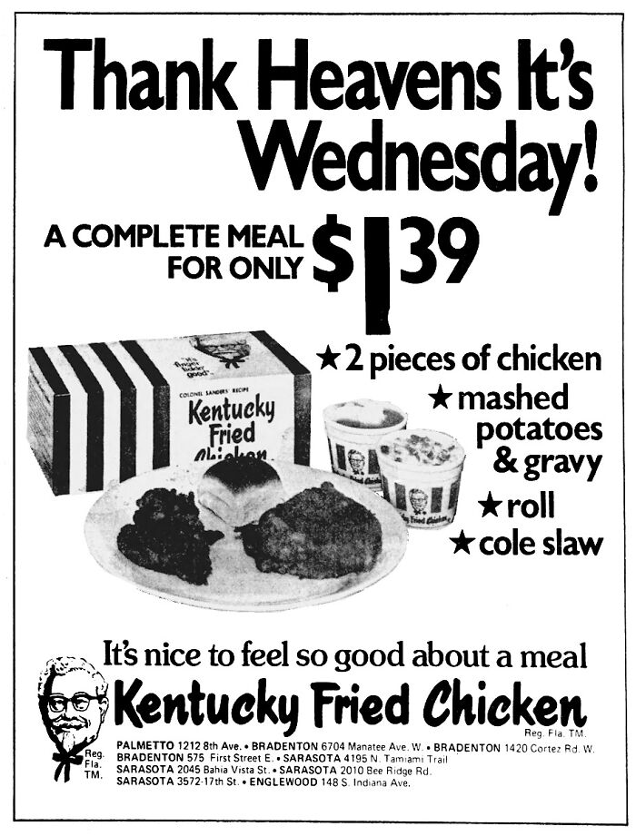 A retro print ad for Kentucky Fried Chicken meal deals from K-Mart featuring a classic bucket