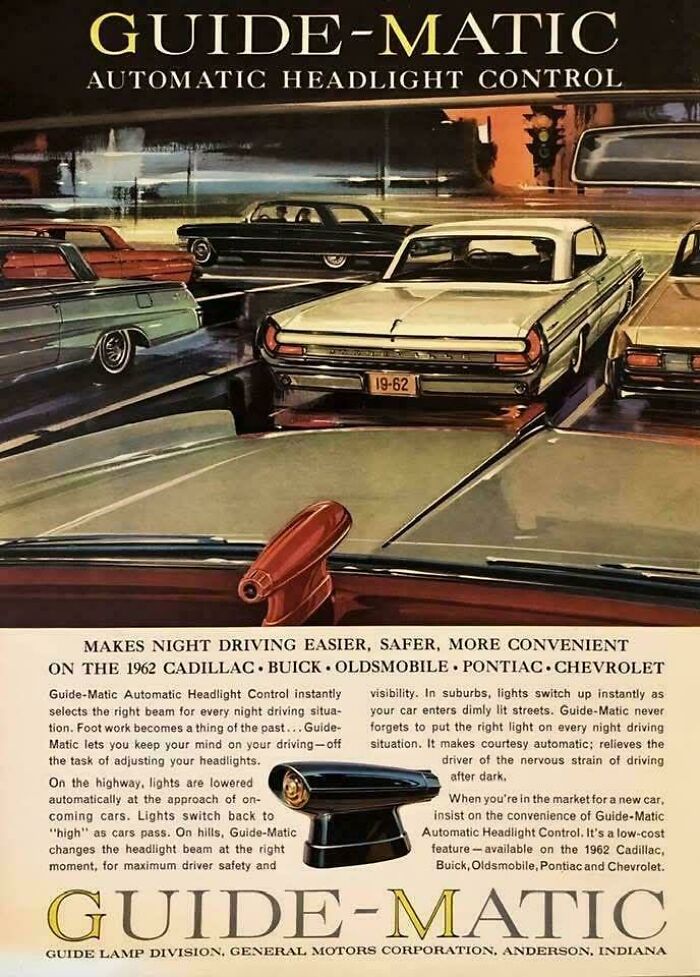 An old advertisement showcasing Guide-Matic automatic headlight control with vintage cars