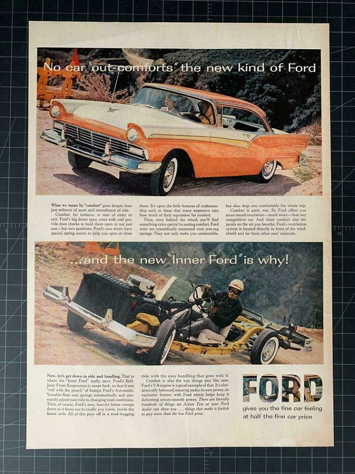 A classic magazine advertisement page for vintage products featuring Ford cars and engines