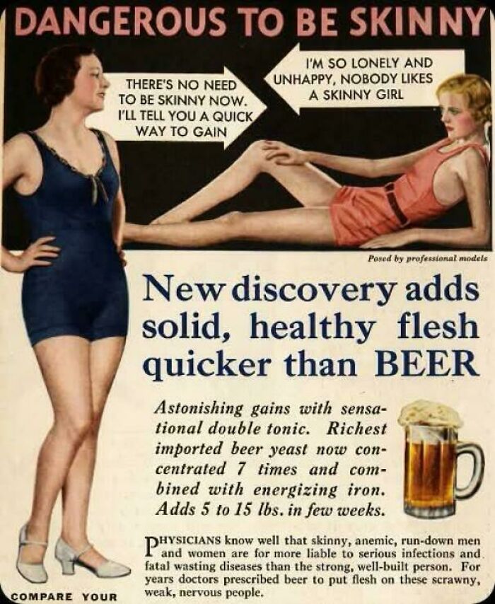 Retro advertisement poster for vintage products promoting a beer-based diet for weight gain