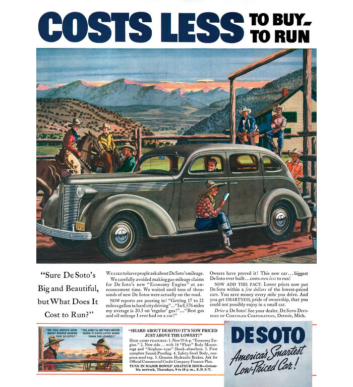 A classic De Soto car advertisement featuring cowboys in a desert setting with a vintage product automobile.