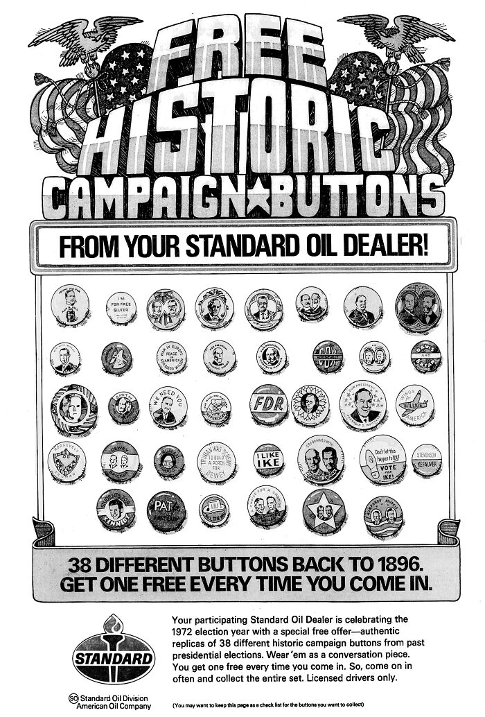 An old Standard Oil dealer ad displaying collectible historic presidential campaign buttons as vintage products.