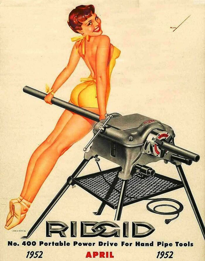 Vintage products ad from 1952 showing a pinup model with a Ridgid portable power drive
