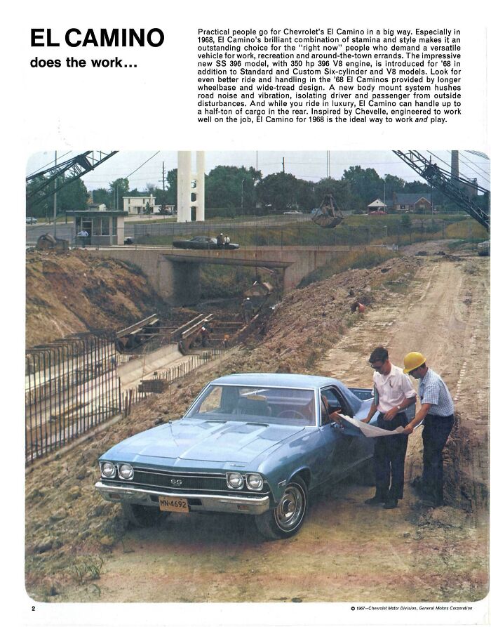A vintage Chevrolet El Camino ad showing two men reviewing plans next to the truck at a dusty construction site.