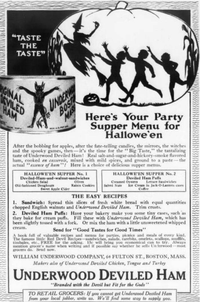 Vintage products advertisement for Underwood Deviled Ham with a Halloween theme